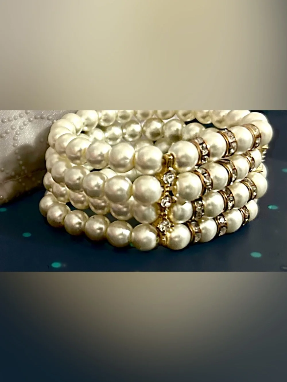 Beautiful Four-row Faux Pearl Stretch Bracelet with Gold & Crystal Accents - Picture 5 of 11